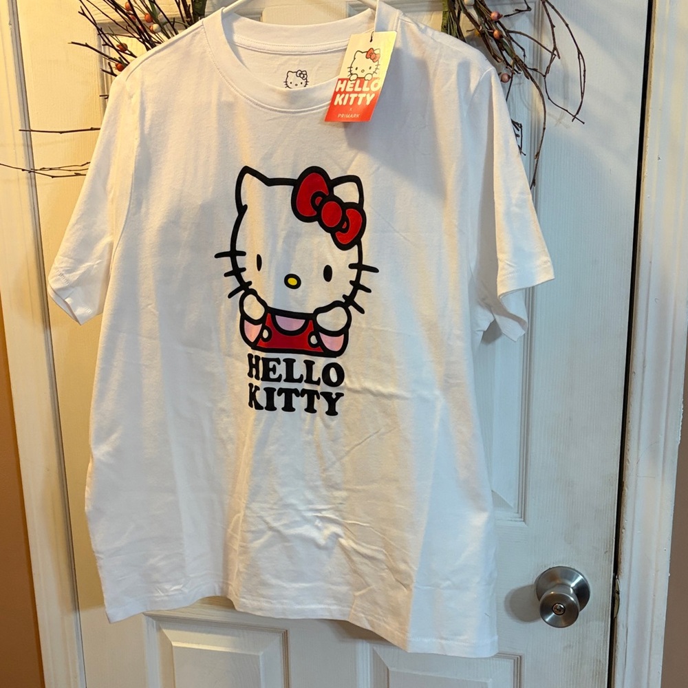 Hello Kitty White Tee with Red Bow and Pink Dress Graphic